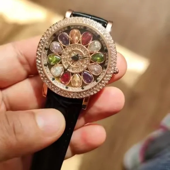 Luxury Rotating Petal Flower Dial Diamond Crystal Watch - Picture 4 of 14